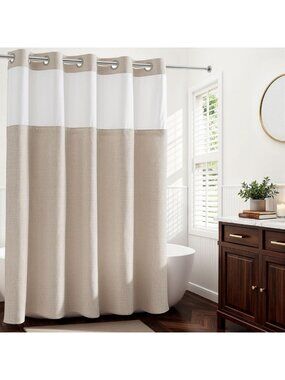 Linen Textured No Hooks Shower Curtain with Liner, 71x74, Water-Resistant Design